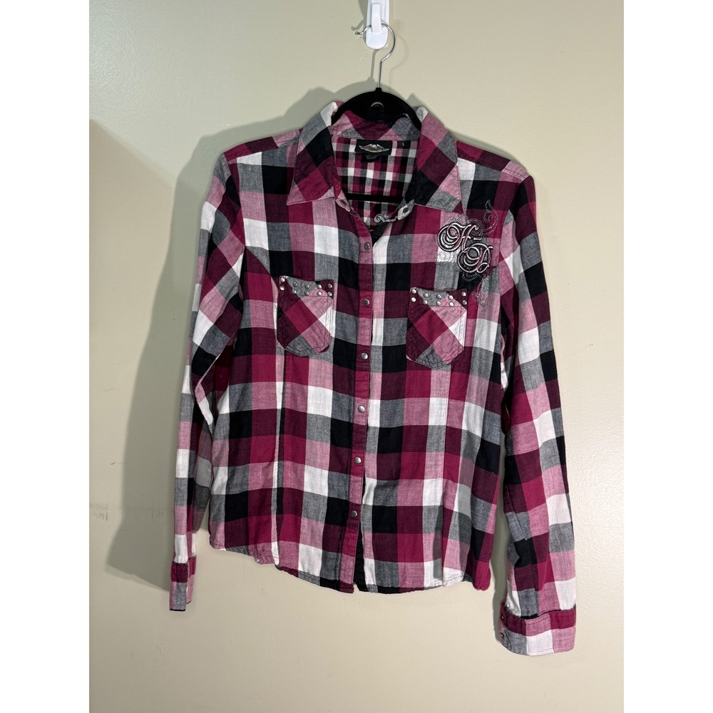 Harley-Davidson Pink Plaid Studded Embroidered Snap Front Shirt 96060-11VW